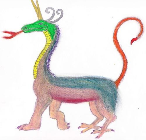 Mushussu-Sirrush, dragon of chaos. Drawn in mechanical pencil. Colored with oil pastels.