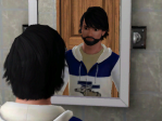 A man looks at his beard in the mirror.
