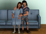 A woman wearing a hospital gown cuddles on the sofa with a male "werewolf."