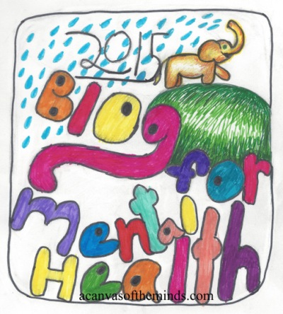 a smiling elephant walking toward the right side of the image and spraying water from its trunk: over its back and onto the words "2015 blog for mental health"