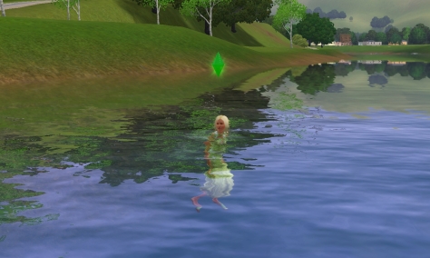 a young female sim, submerged to her neck, with an anxious facial expression, surrounded by nature